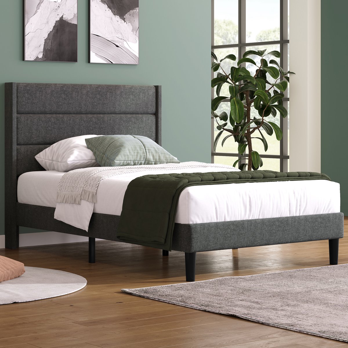 REDOM gestoffeerd bed 90x200 cm – Linnen donkergrijs – Gestoffeerd hoofdbord met 3 panelen – 7-zones matras inbegrepen (434 veren, H3) – 16 cm ruimte onder bed – 113 kg