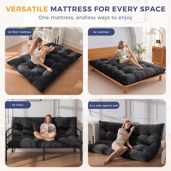 Oprolbare Matras - Futon Slaapbank - Comfortabel Slapen - Versnipperd Schuim Vulling - 135x200x15 cm - Zwart — afbeelding 3