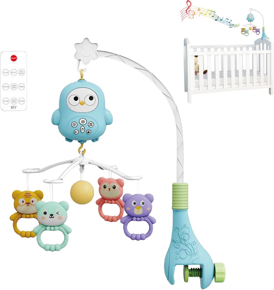 Baby Mobiel - Wieg Mobiel Rammelaar - Baby Slaap Bevorderen - Met Nachtlicht Muziek - 40x25x48 cm - Blauw