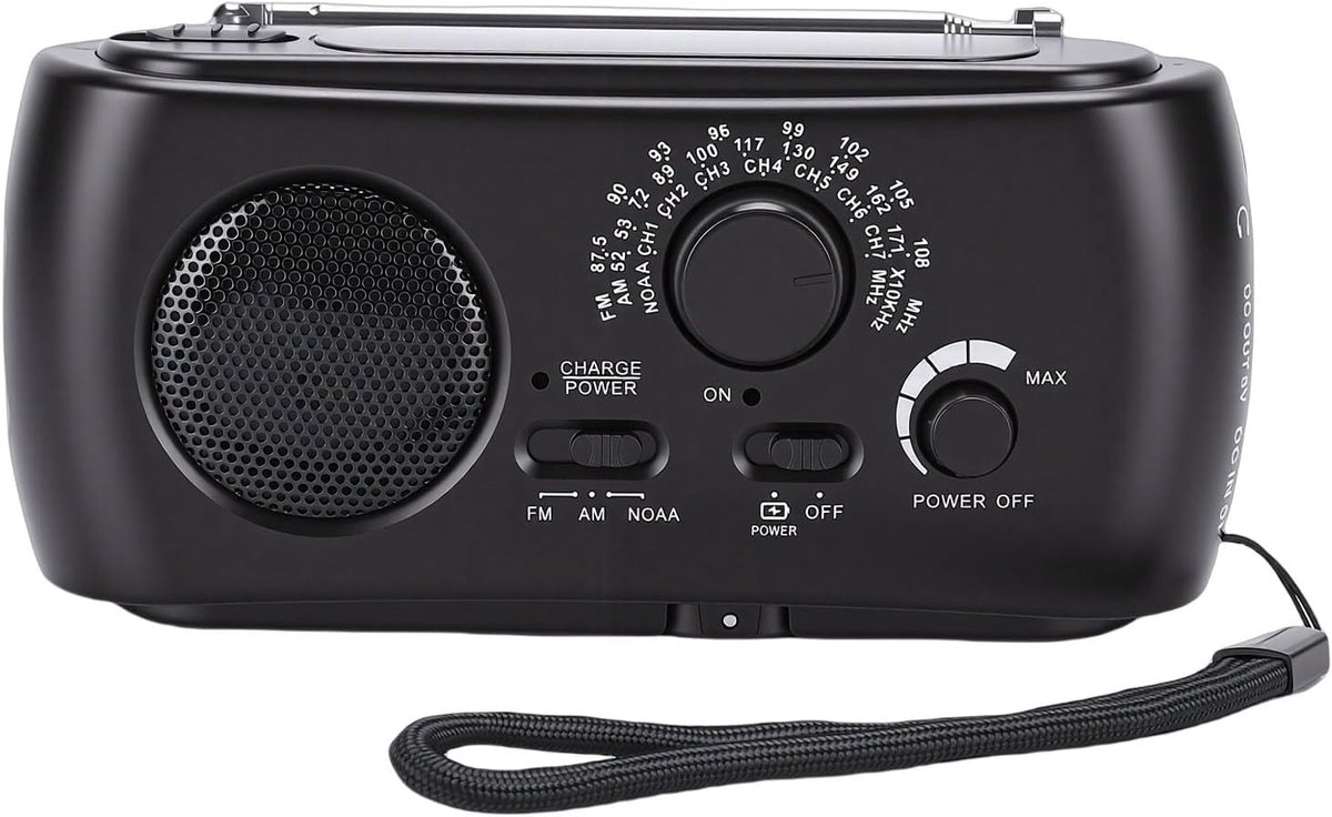 Noodradio met slinger - Draagbare radio - Stroomuitval - Zonne-energie en dynamo - 18 x 8 x 6 cm