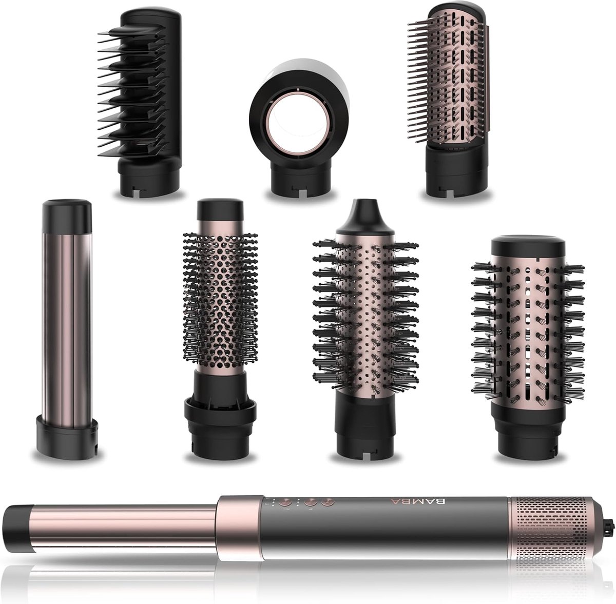 Luchtföhnborstel Styler - Haarstyling Tool - Stijlen en Krullen - 8 Opzetstukken - 1400W Vermogen - Zwart