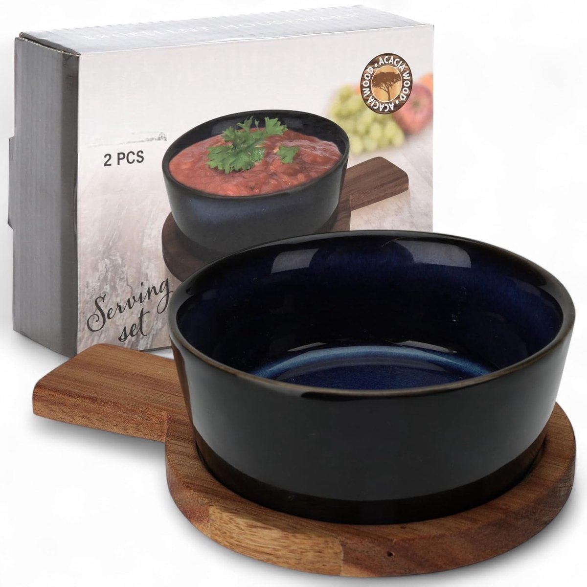 Serveerkom met plank - Snack set - Dips serveren - Keramiek en hout - Ø 8.5 cm - Blauw