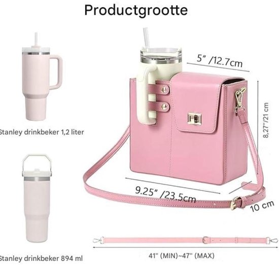 longziming - Waterfles crossbody tas - Draagbare waterfles tas - Waterfles draagtas - PU leder - Verstelbare schouderriem - Geschikt voor Stanley beker - Handig draagontwerp - Roze — afbeelding 5