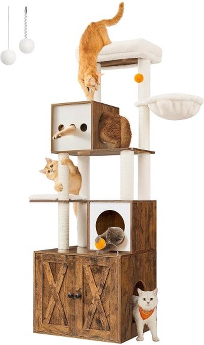 Krabpaal Kattenboom Met Kattenbak 185 Cm Hoog Kattenkrabpaal Platform Afwasbaar Kussen Vintage Bruin