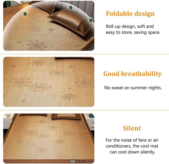 Opvouwbare Koelmat - Zomer Bedmat - Koel Slapen - Natuurlijk Rotan & IJszijde - 150x200cm - Naturel — afbeelding 4