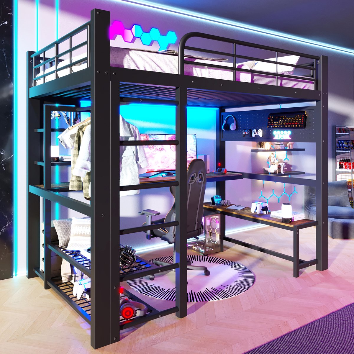 Zubaliya Hoogslaper 140x200 cm - Zwart - Metaal - Hoogslaper Met LED-lichtstrip, Planken, Hoogslaper Met Houten Bureau & Wasrek - Tienerhoogslaper - Kinderhoogslaper - Zonder Matras - Ruimtebesparend