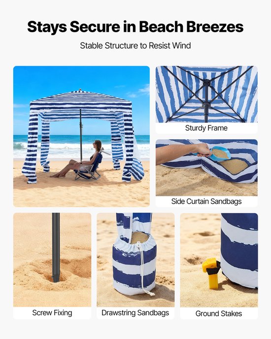 VEVOR Strandcabana, 183x183cm Strandluifel met Zijpaneel, UPF 50+ Zonbescherming, Strandpaviljoen met Zandzakken, Marineblauwe Strepen van Vevor — afbeelding 3