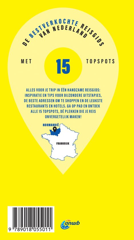 Gele kaart met 'De bestverkochte reisgids van Nederland'. Kaart van Frankrijk met Normandië gemarkeerd.
