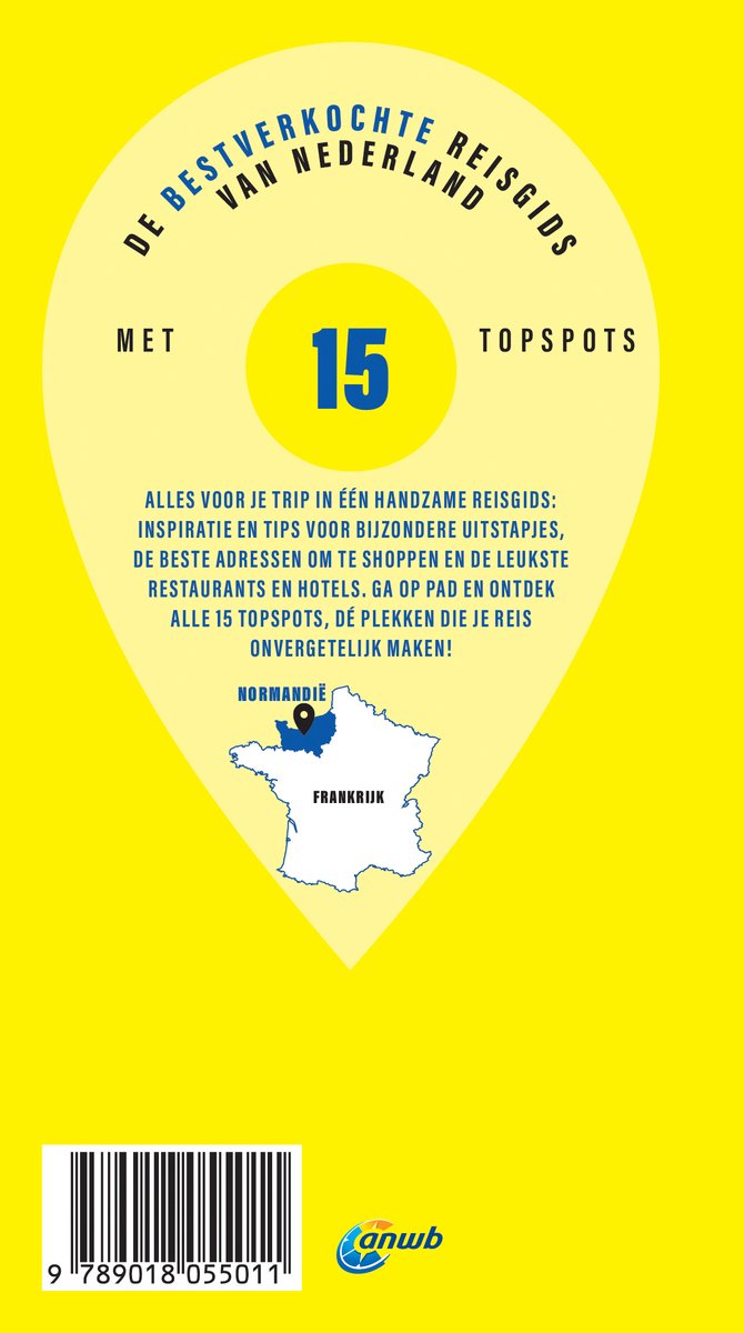 Gele kaart met 'De bestverkochte reisgids van Nederland'. Kaart van Frankrijk met Normandië gemarkeerd.
