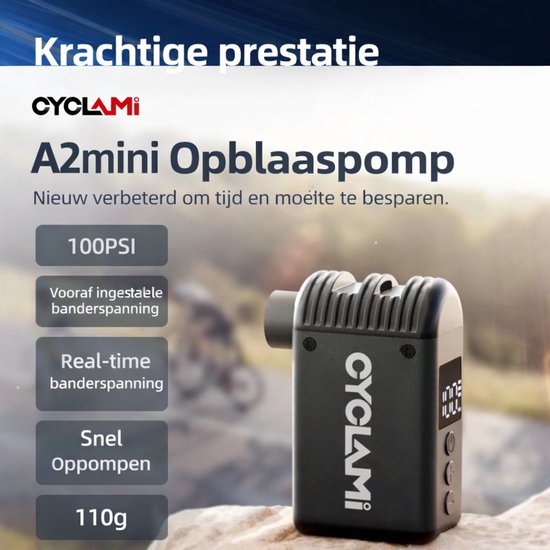 CYCLAMI A2 Mini Elektrische Fietspomp - Draagbare Luchtpomp - 100 PSI - Digitaal Display - USB-C Oplaadbaar - Voor Racefiets & Fietsbanden — afbeelding 2