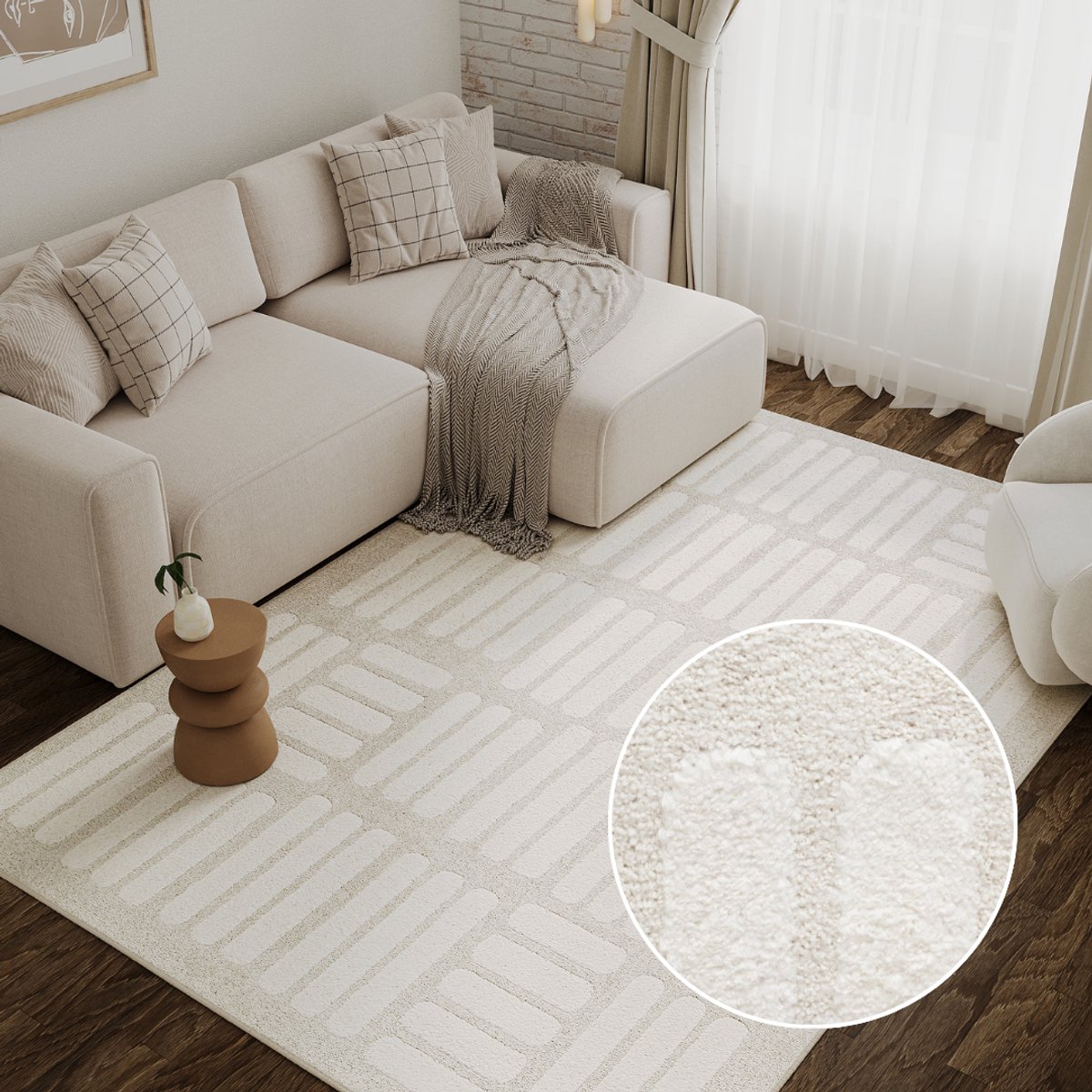 Tapiso Terra Vloerkleed - Geblokt Geometrisch Patroon - Woonkamer & Slaapkamer - Laagpolig Tapijt met 3D-Effect - Crème Beige Wit - OEKO-TEX 160x220 Creme Wit3