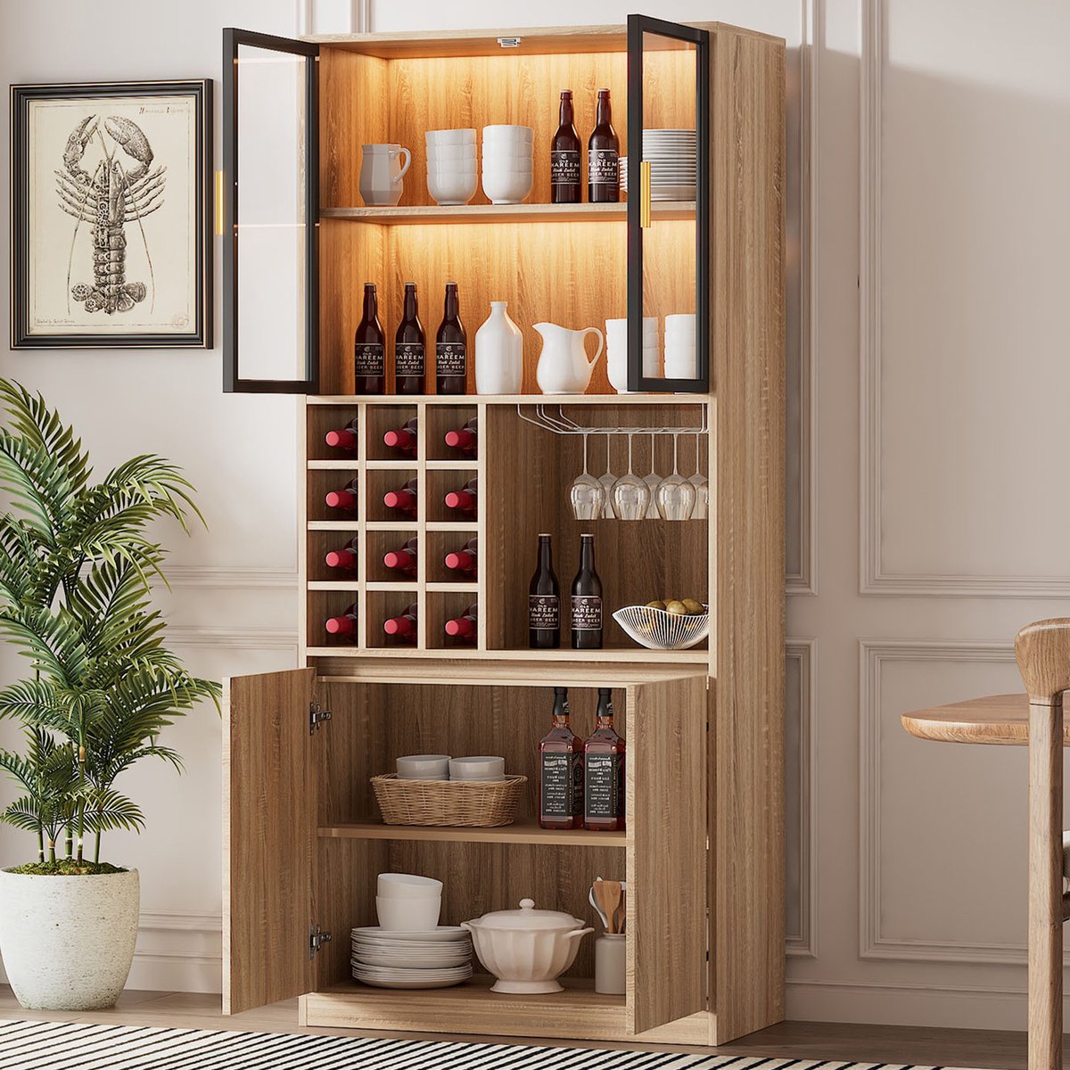 OKWISH Vitrinekast - Met Glazen Deuren En Ledverlichting - Voor Badkamer Woonkamer Of Eetkamer - MDF Naturel