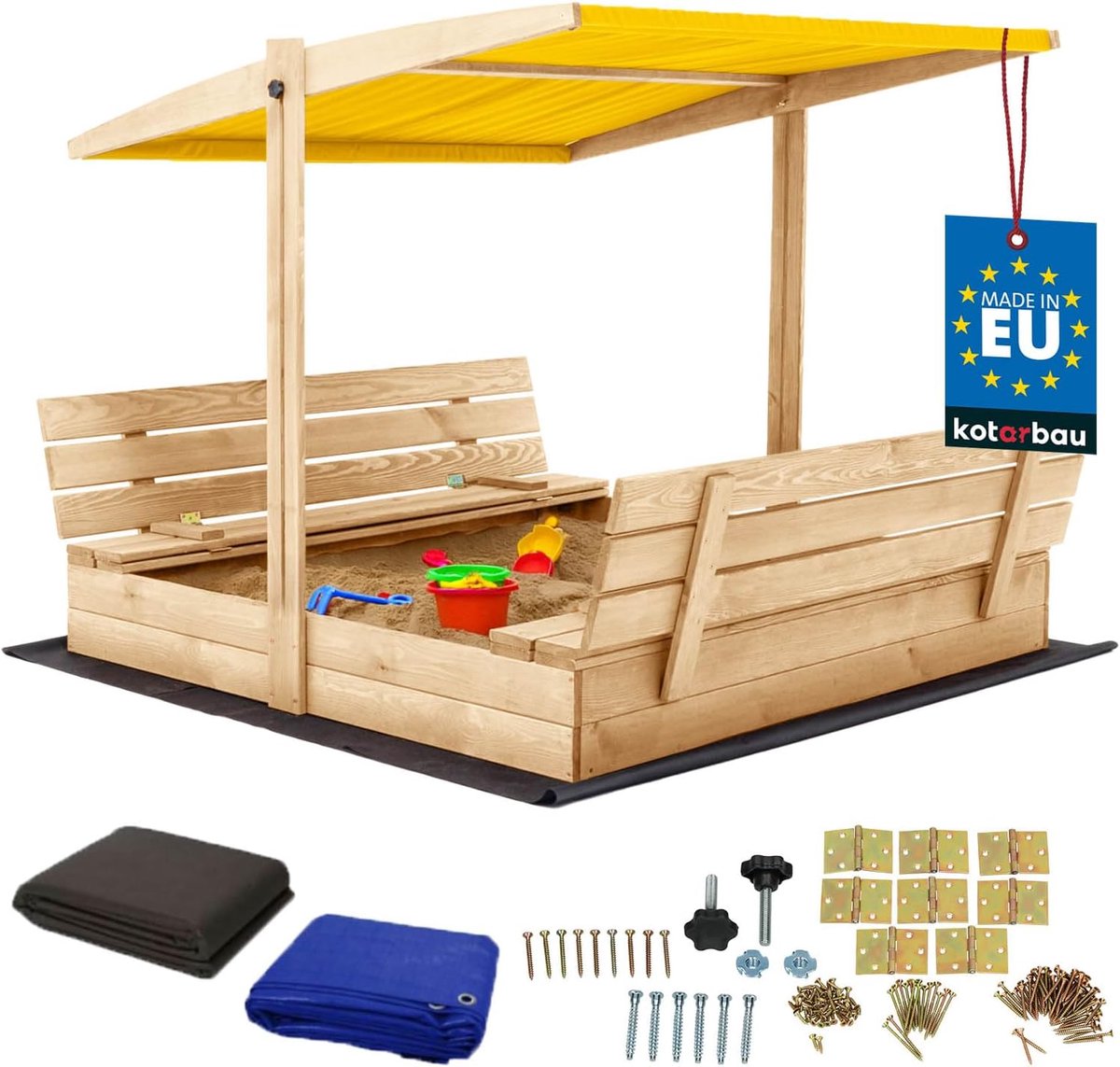 Houten Zandbak - Speelbak Buiten - Buiten Spelen - Inclusief Dak - 140x140 cm - Natuurlijk Geel