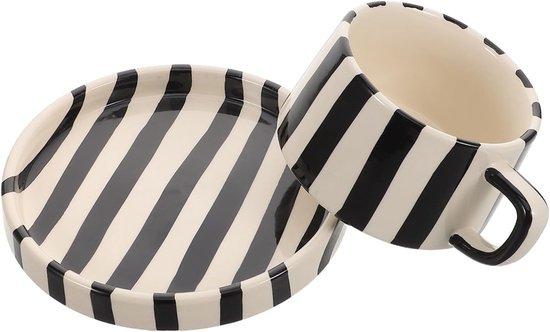 Ensemble tasse et soucoupe à café en céramique — Tasse à café et à thé en porcelaine à rayures noires — Ensemble créatif pour le thé de l'après-midi au bureau — Service de table en céramique — Zwart