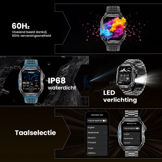 Maoo FORGE GPS Square - GPS Smartwatch Heren - Sporthorloge - 3 Bandjes - Stappenteller - Hartslagmeter - Slaapmonitor - Belfunctie - LED Zaklamp - Multisport - Geschikt voor Android en iOS - Gun Metal Blue