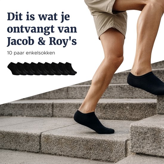 Een persoon loopt een trap op met zwarte enkelsokken aan. Tekst: Dit is wat je ontvangt van Jacob & Roy's, 10 paar enkelsokken.
