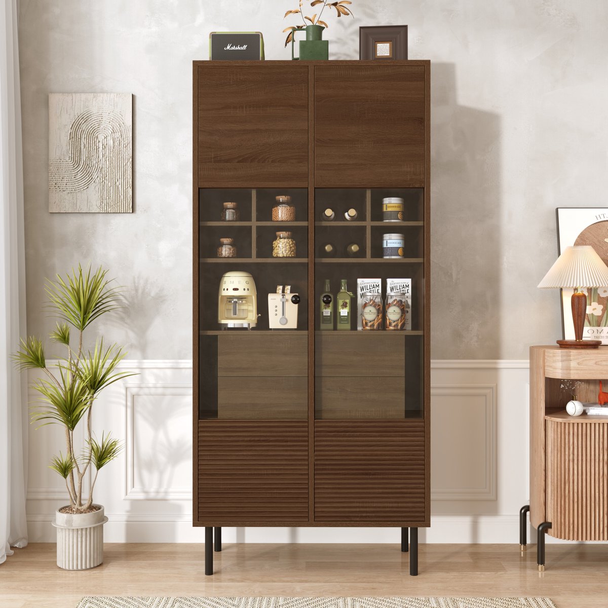MODFU Vitrinekast En Opbergkast - Glasfront En Verborgen Laden - Klassiek - Voor Woonkamer - MDF - Walnootkleur
