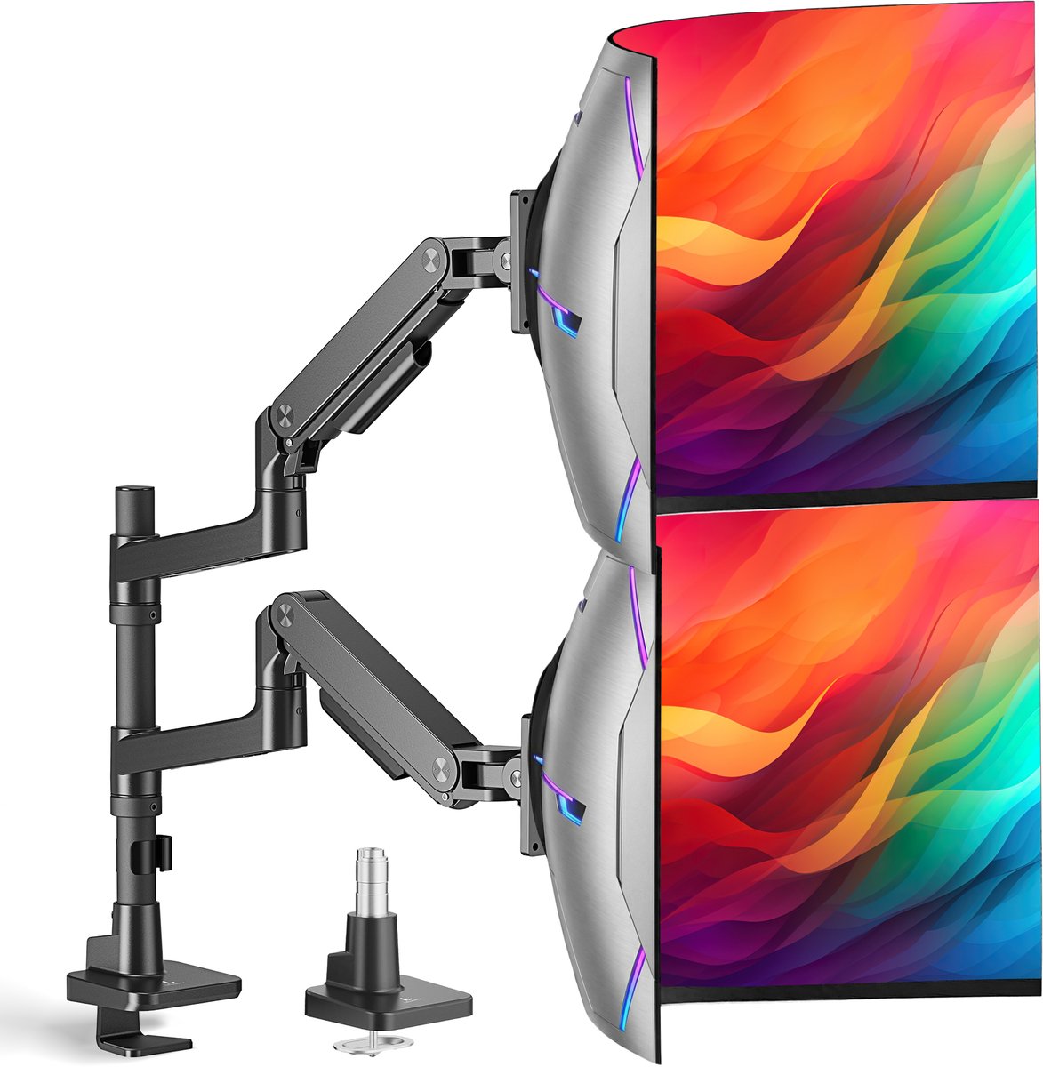 LEVANTU® Monitor arm voor 2 schermen boven elkaar - Heavy duty Monitor beugel voor 13 t/m 49 inch - Gasveer - Verstelbaar - Zwart