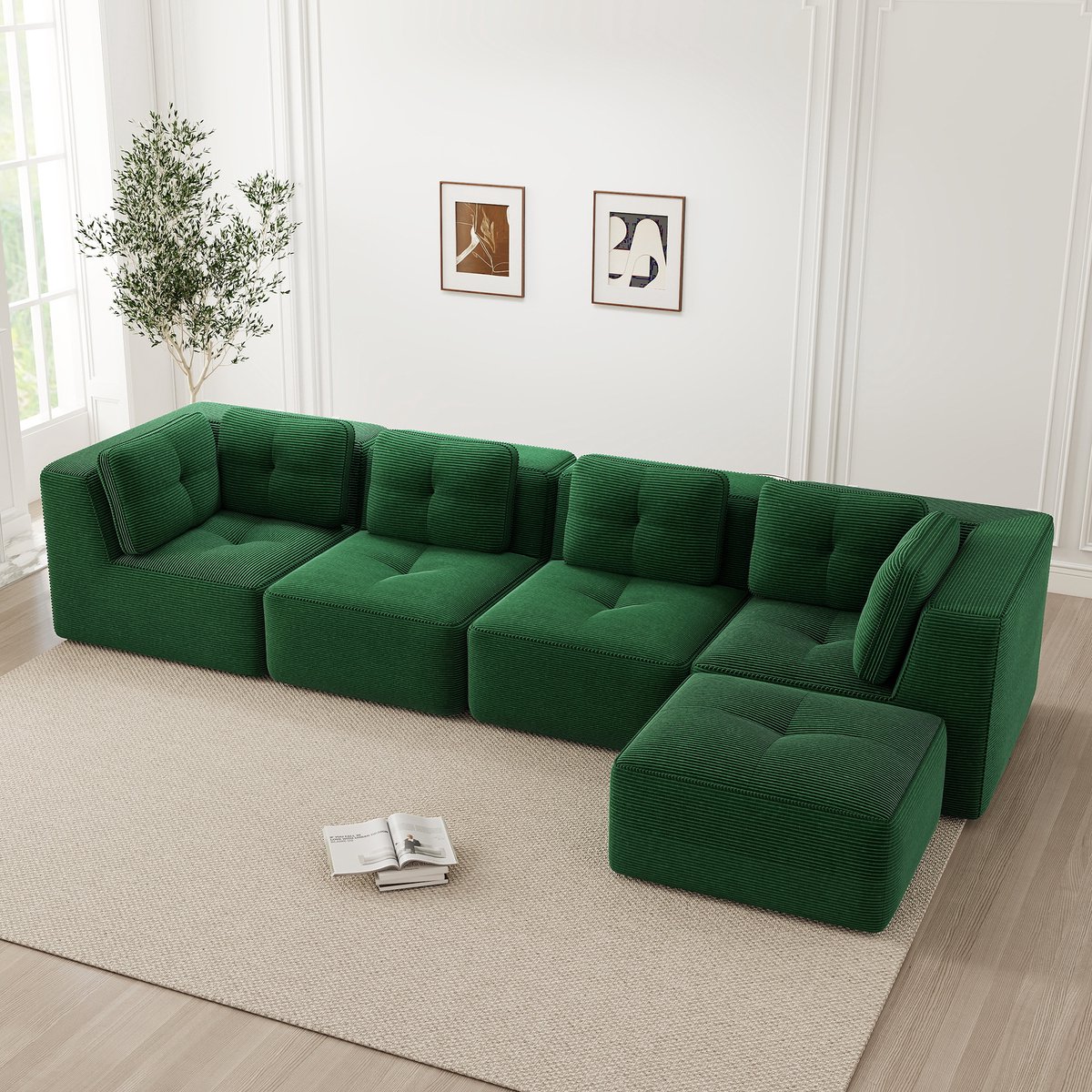 Wishdor Modulaire Hoekbank - Diepe Zitting En Antislip - Modern - Voor Woonkamer - Ribfluweel - Groen