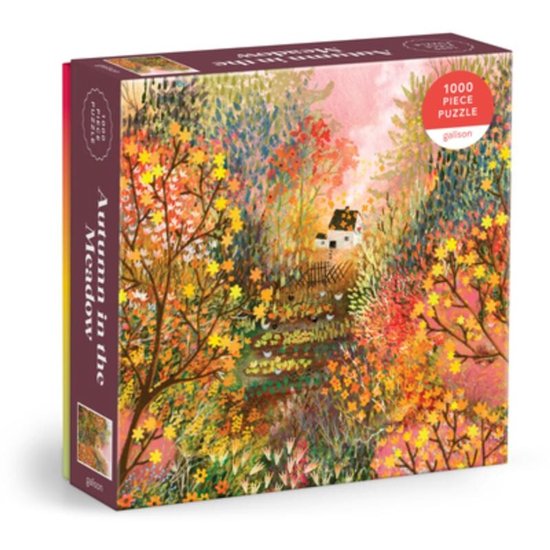 Feuilles d'automne jaunes, oranges et rouges avec une petite maison à l'arrière-plan, 'Autumn in the Meadow 1000 Piece Puzzle'.