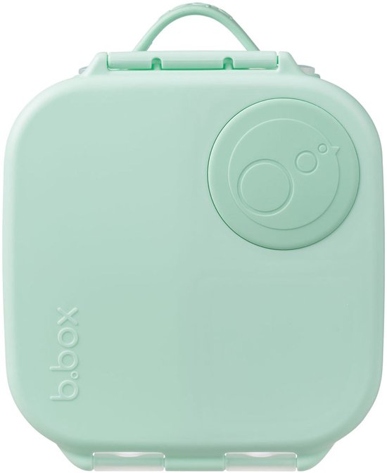 Gesloten lichtgroene bento lunchbox van b.box met handvat en rond logo.
