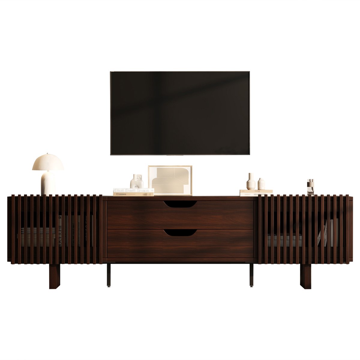 Wishdor - TV-Meubel - 2 Laden En Lamellendeuren - Klassiek - Voor Woonkamer - MDF - Donkere Walnoot - 180 X 40 X 45 Cm