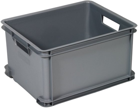 Grijze Curver Unibox Classic opbergkrat van 30 liter met handgrepen.