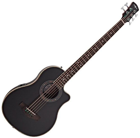 Studio-opname van een zwarte, ronde akoestische 5-snarige basgitaar met witte rand.