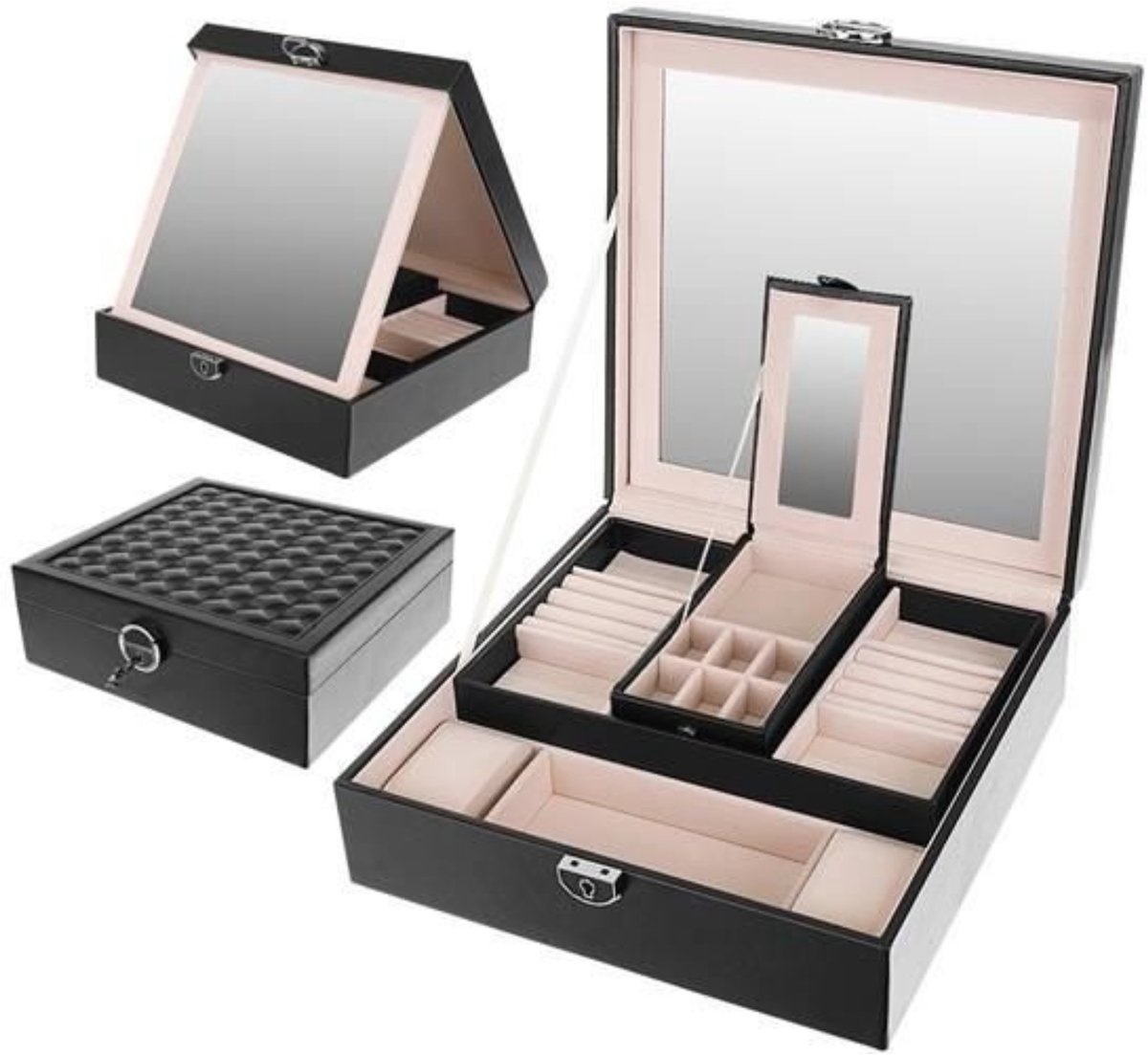 Beautylushh Sieradenkist - zwart - PU coating - 25 x 25 x 30 cm - sieradendoos - organizer - met sleutel