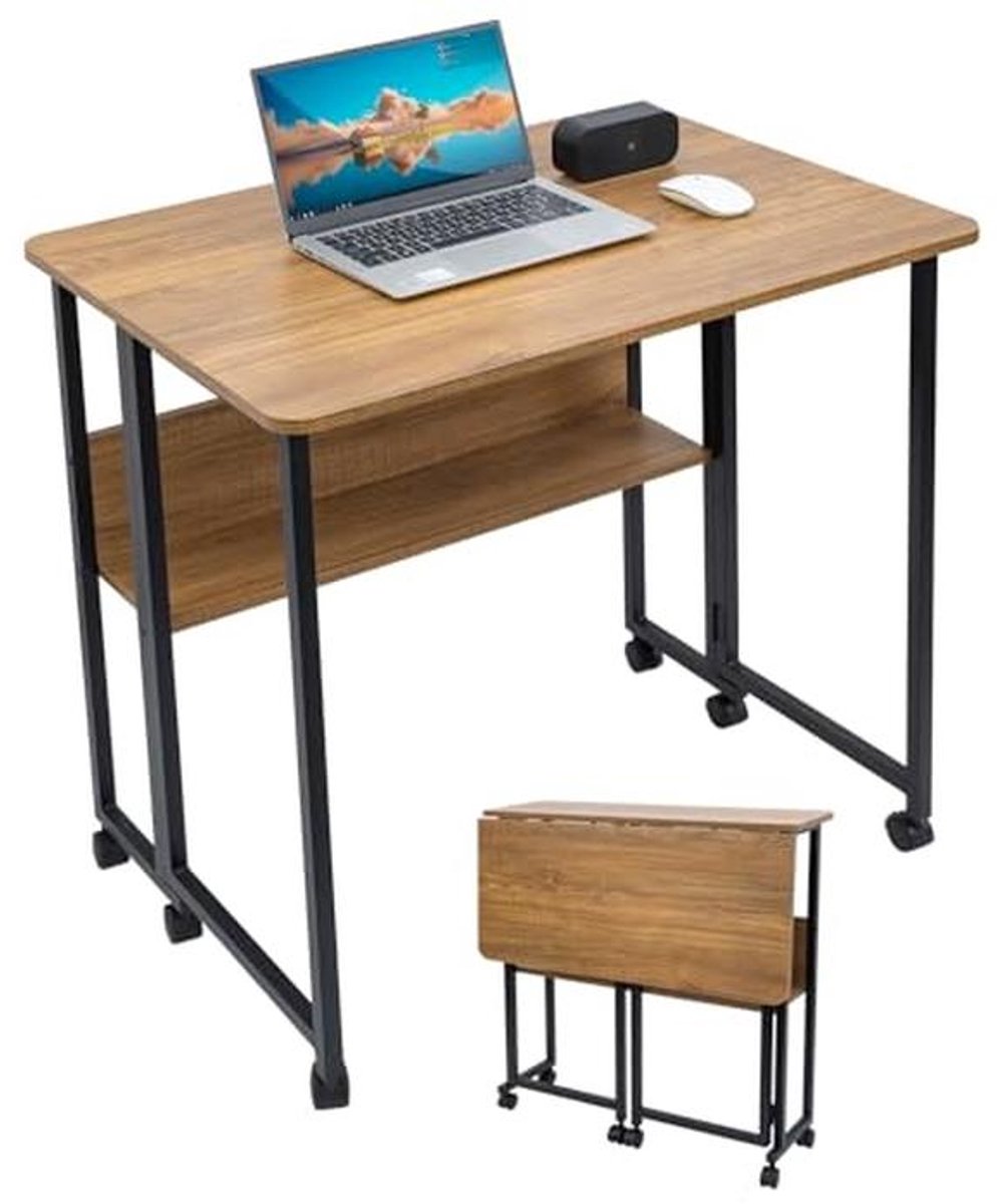 Klein Opvouwbaar Bureau met Wielen en Opbergplank voor Slaapkamer en Studie - Ideaal voor Kleine Ruimtes 80 x 58 x 75cm