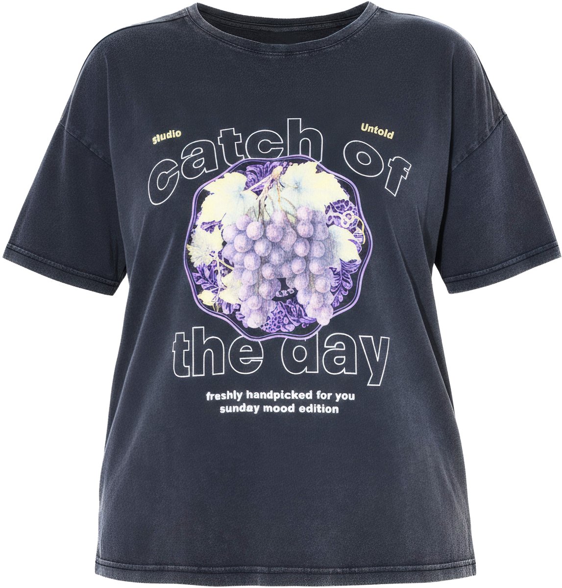 Studio Untold - Dames - T-shirt grapes print vintage look halve mouw - Antraciet melange - Maat 42+