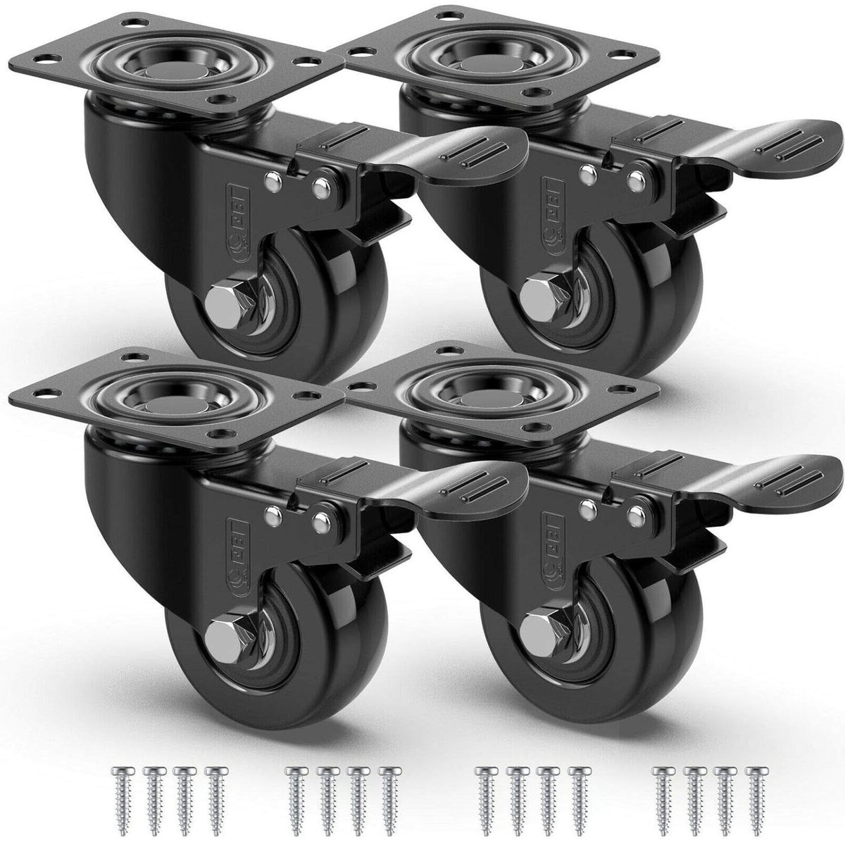 Allecto- Zware belasting zwenkwielen met remmen en schroeven - 50 mm tot 200 kg - Set van 4 - Geruisloze meubel zwenkwielen - Rubberen trolley wielen - Zwart