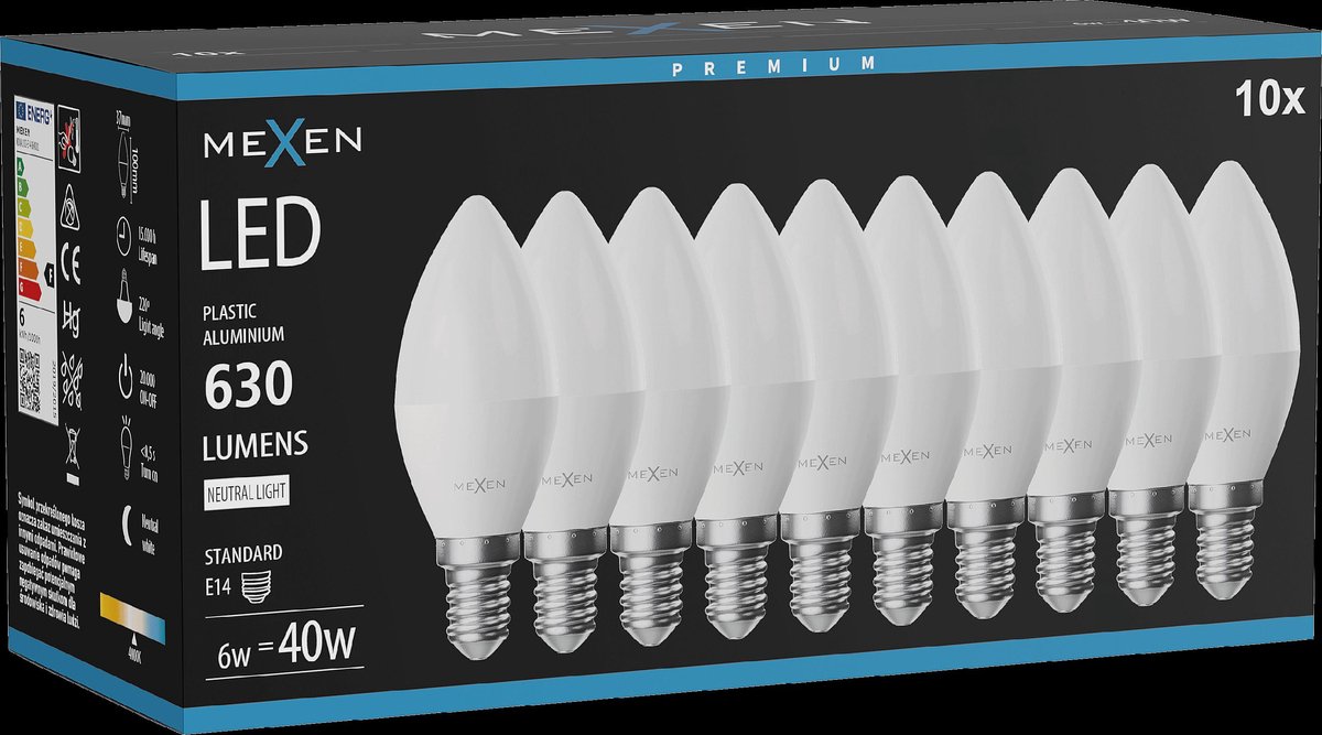 Mexen Nova 10x LED-lamp E14, C37, 6W, Neutraal - 4000K, 630 lm - L102-E14-0640-01x10