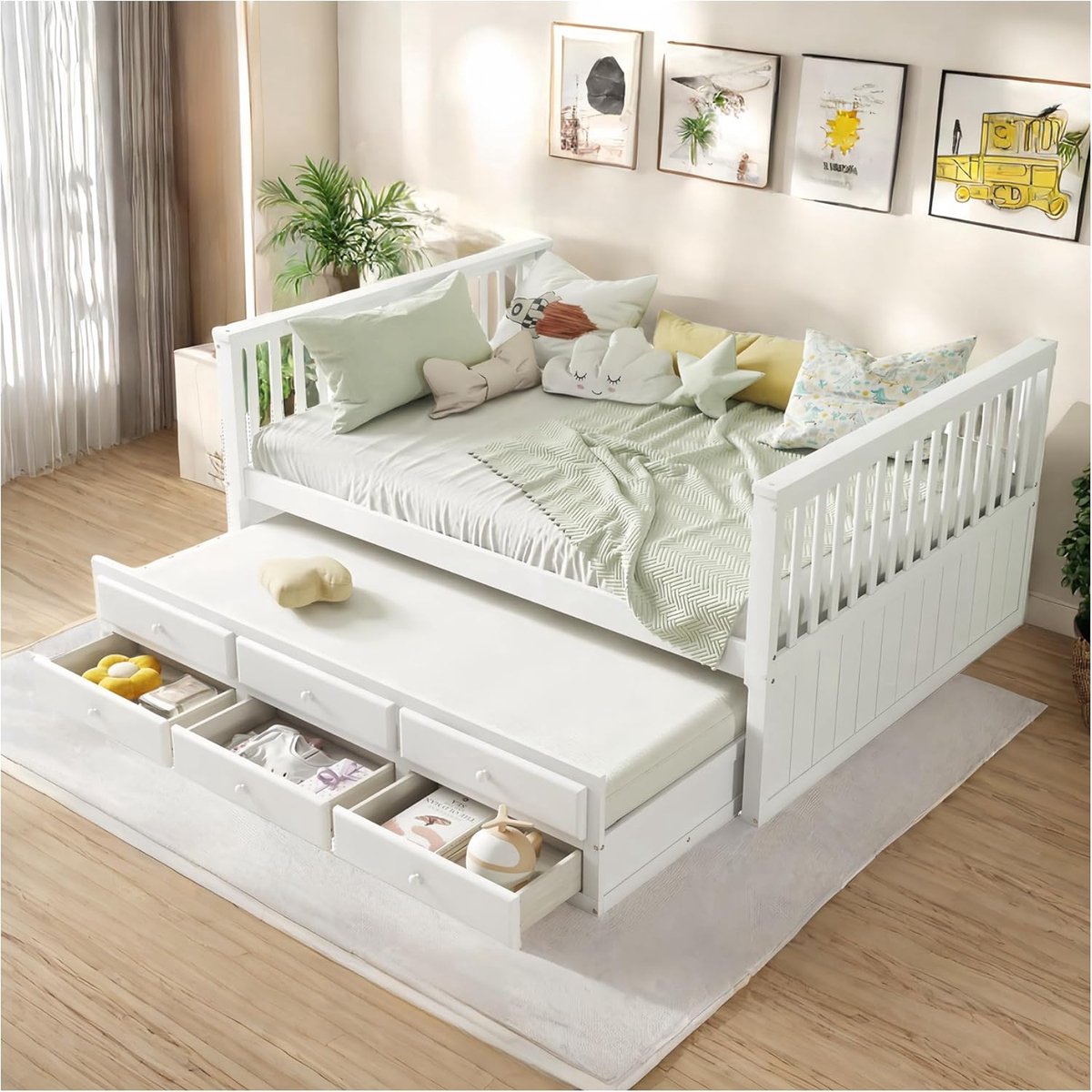 Kinderbed met uitschuifbaar bed en opbergladen - Massief hout, Wit 140 x 200 cm
