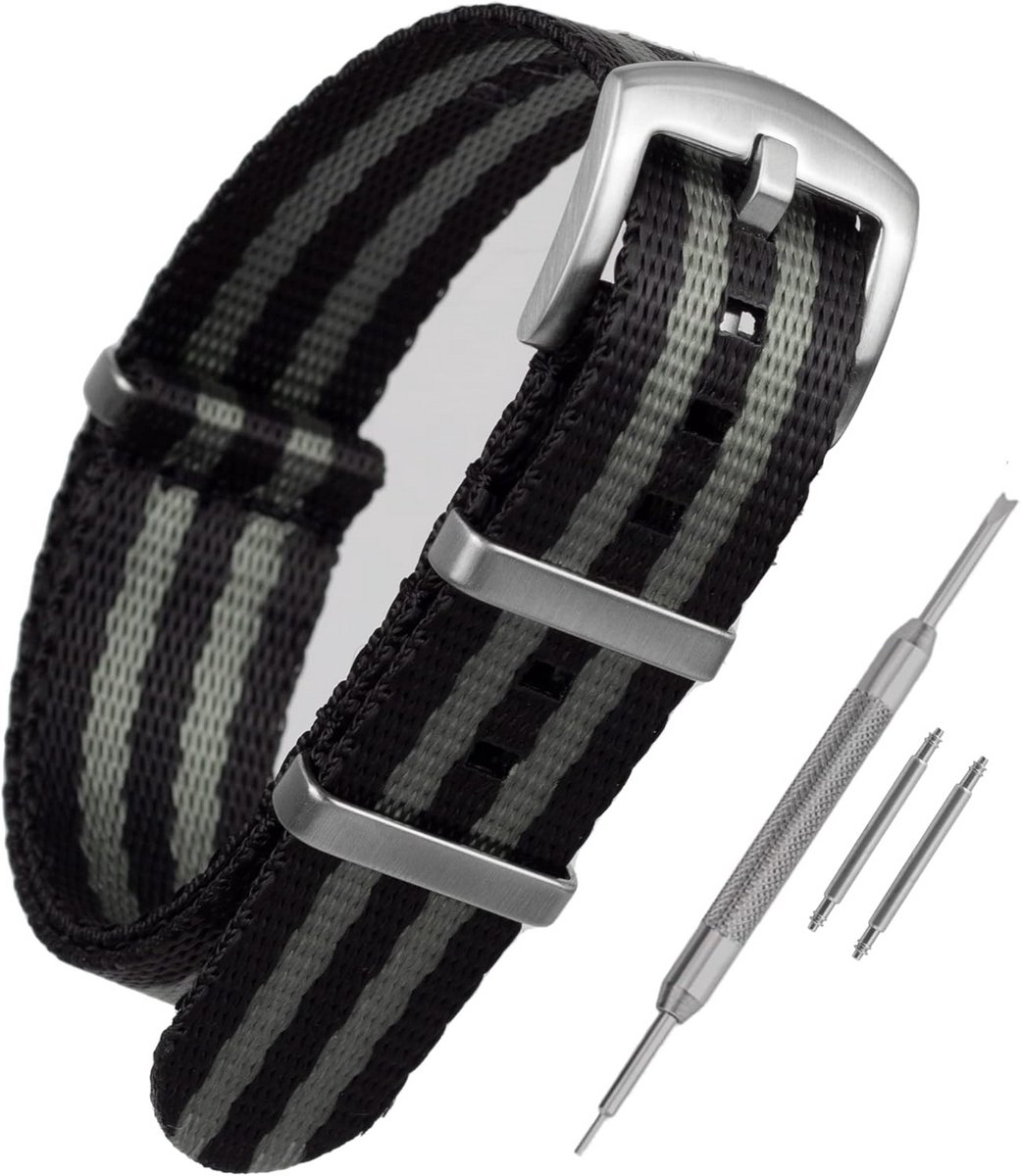Premium NATO Horlogeband van Nylon met Roestvrijstalen Fittingen - Voor 18mm, 20mm, 22mm Horloges - Unisex in Grijs en Zwart