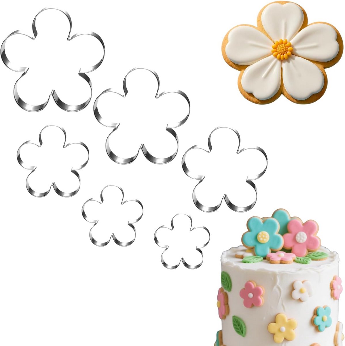 Set van 6 Bloem Vormen Koekjesvormen - 5 Bloemblaadjes - Diverse Groottes