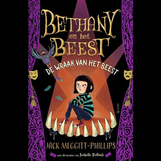 Boekomslag van 'Bethany en het Beest: De wraak van het Beest'. Een meisje met een gestreepte trui zit op een podium tussen spierwitte tanden.