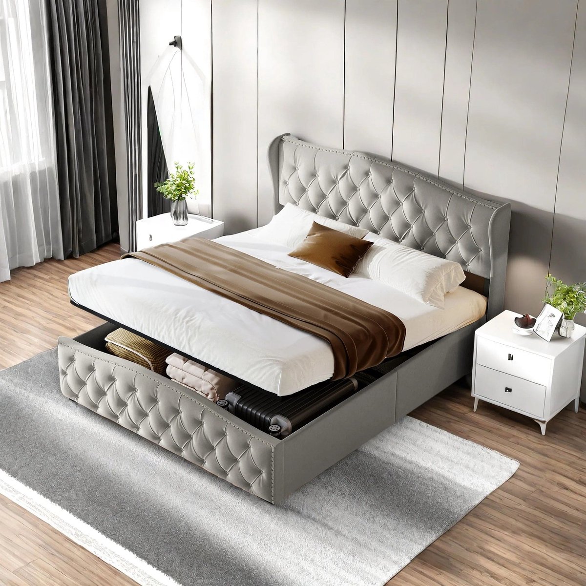 Modern Gestoffeerd Bed – Tweepersoonsbed – Slaapbank – Lit – Bedframe – Grijs Flanel 160x200 cm – Hydraulische Opbergruimte – Stevige Constructie