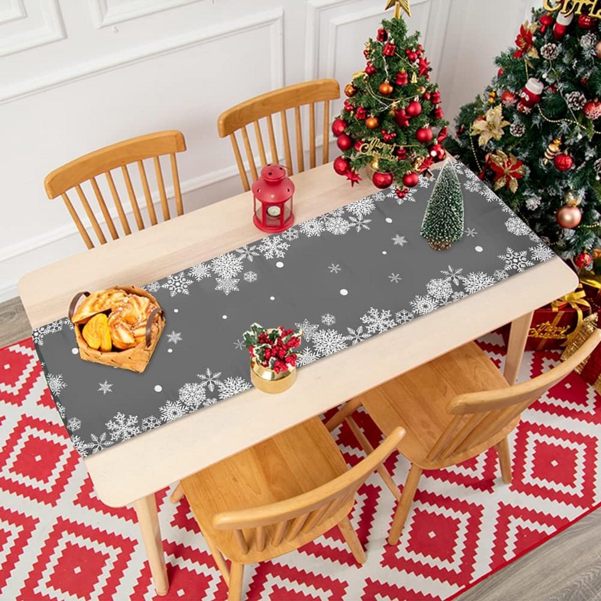 Grijs Tafelloper voor Kerst en Winter - Sneeuwvlok Design (40 x 140 cm)