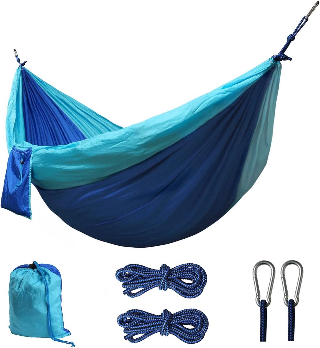 Ultralichte nylon hangmat 275 x 140 cm - 595 gram, draagvermogen 300 kg, incl. karabijnhaken en touwen