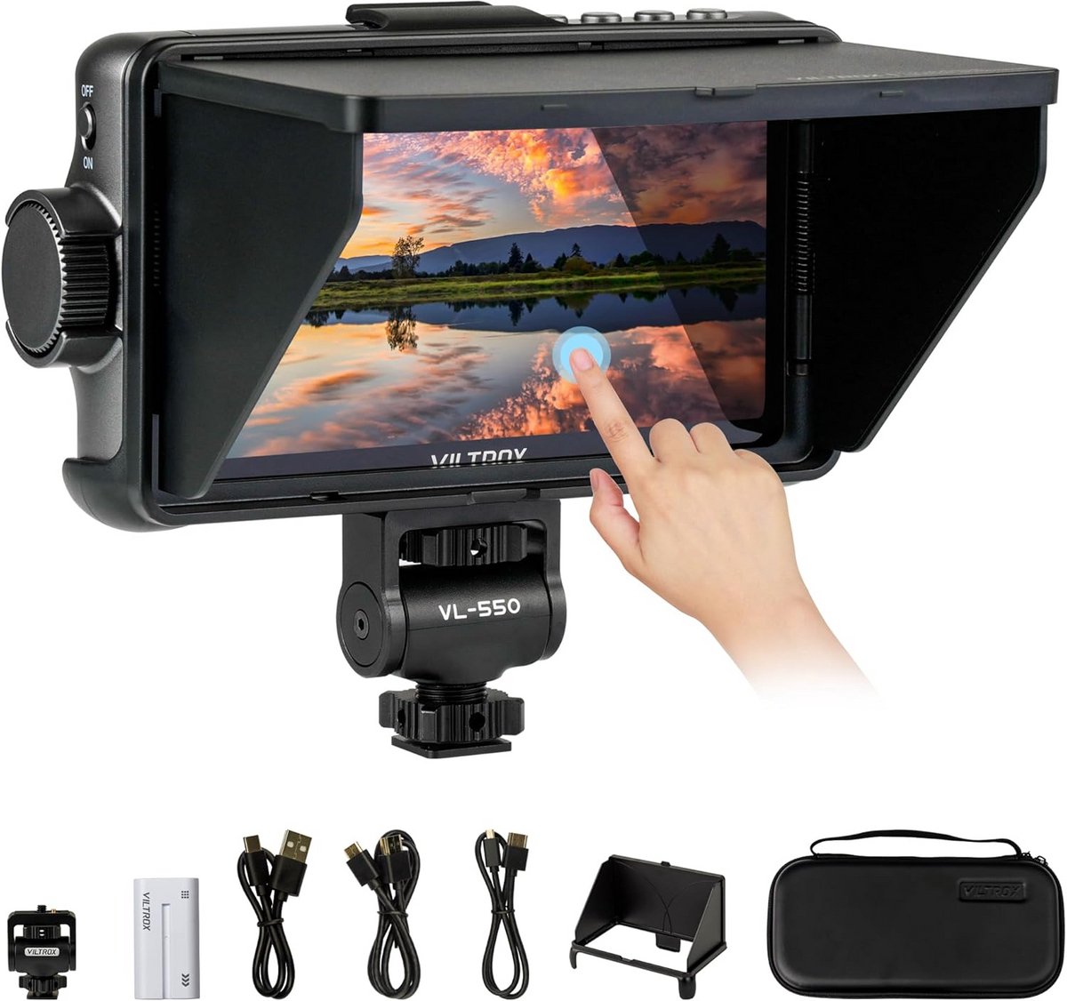 5.5 inch 1200 nits touchscreen DSLR camera veldmonitor met batterij zonnekap 3D Lut HDMI Peaking Focus Assist 1920x1080 4K HDMI in en uit 5V type C in
