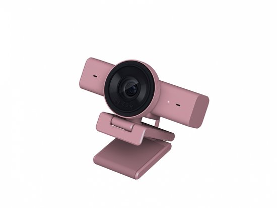 Webcam Razer Kiyo V2 X rose avec objectif réglable et support à clipser.