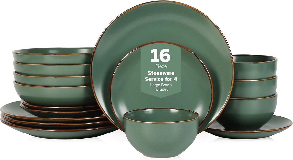 16-delig Steengoed Servies Set voor 4 Personen - Groen