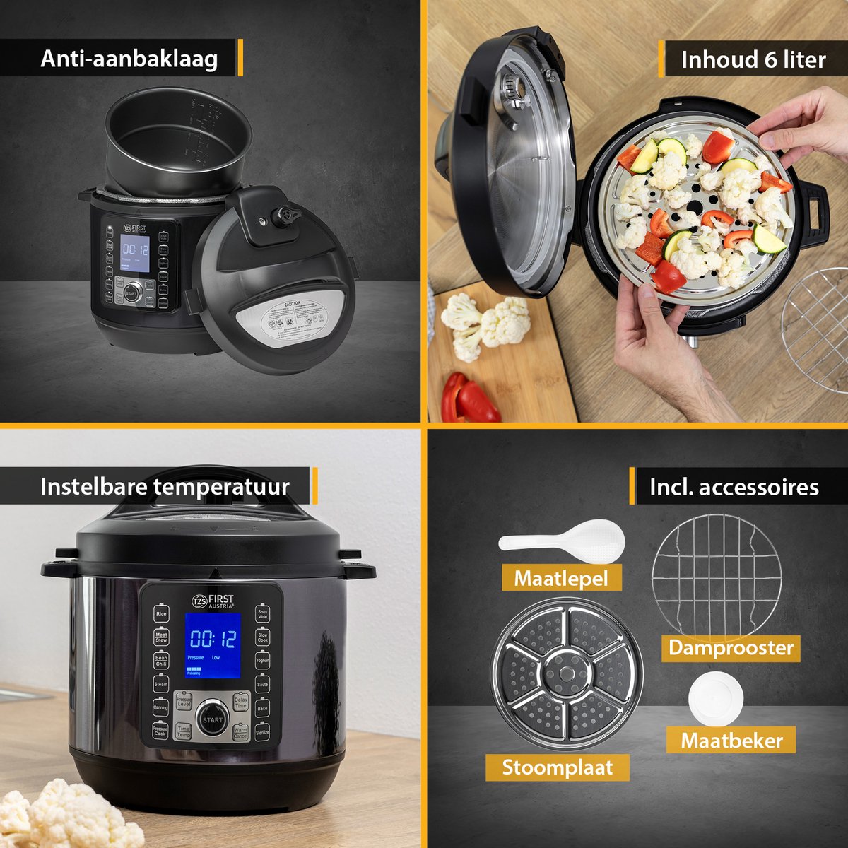 TZS First Austria Multicooker - 6L - 1000W - Snelkookpan - Rijstkoker - 12 Kookfuncties - RVS - Timer - Zwart – foto 5