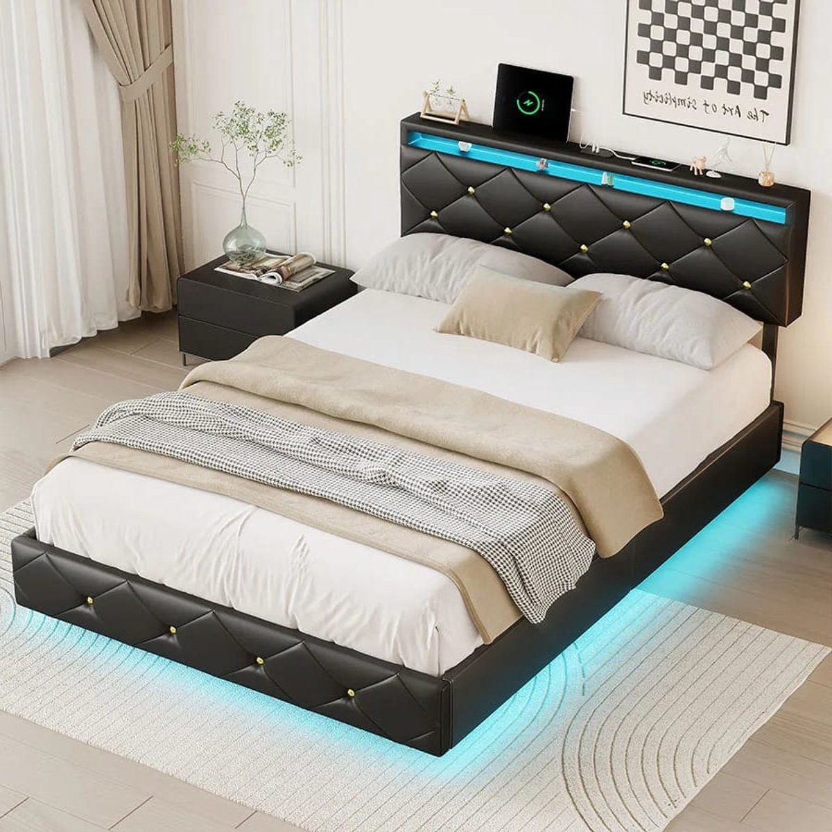 Tweepersoonsbed – Gestoffeerd Bed – 2-Persoonsbed – Platformbed – Bedframe – 160x200 cm – Verstelbaar Hoofdeinde – Ingebouwde LED-Verlichting