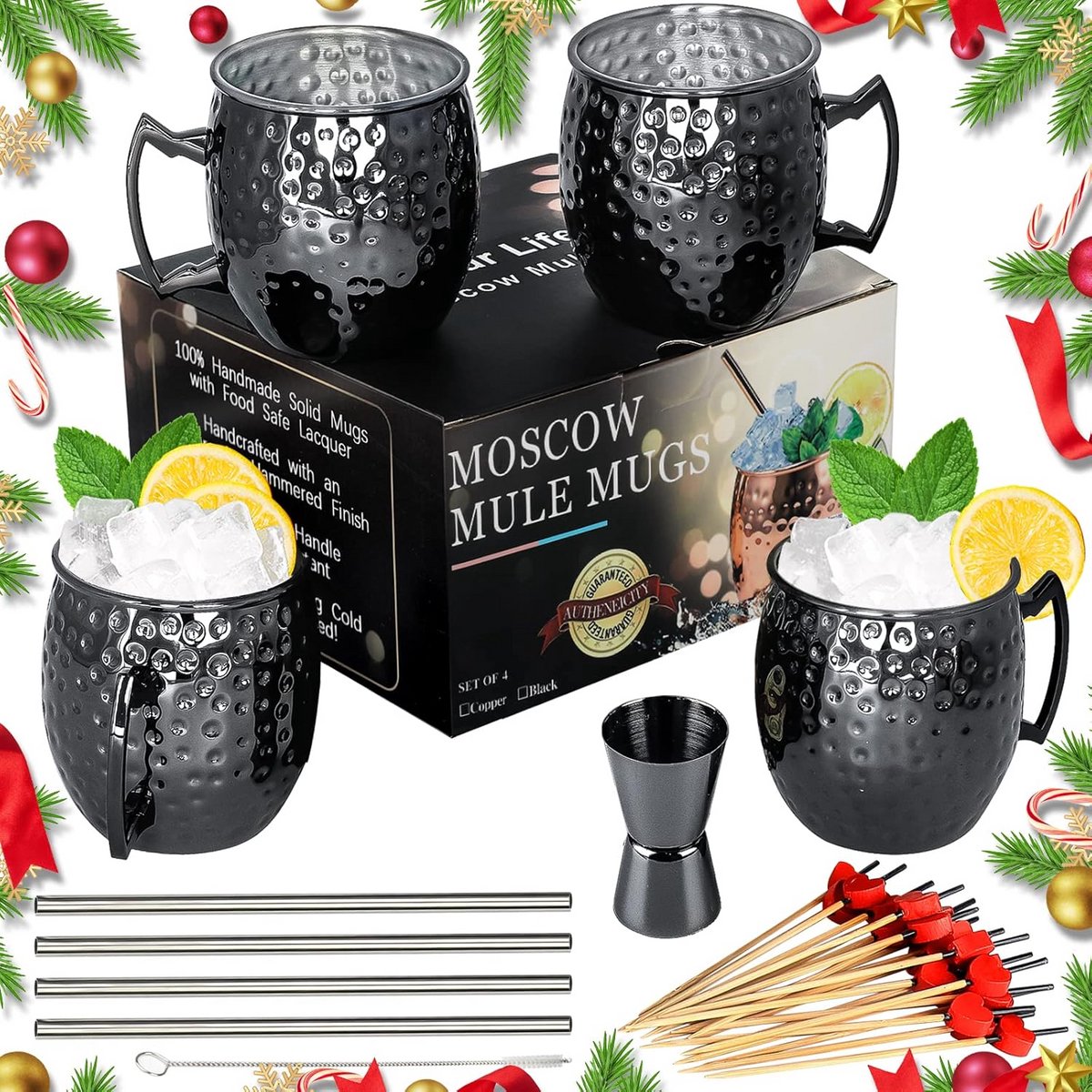 Zwarte Roestvrijstalen Moscow Mule Mokken - Set van 4 voor Gekoelde Dranken