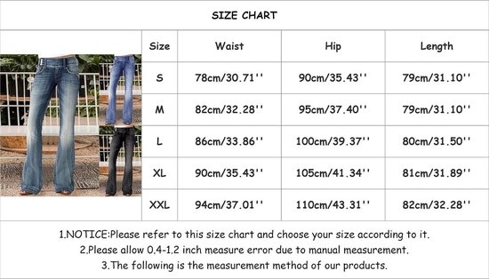 Maattabel voor dames jeans met taille-, heup- en lengtematen.