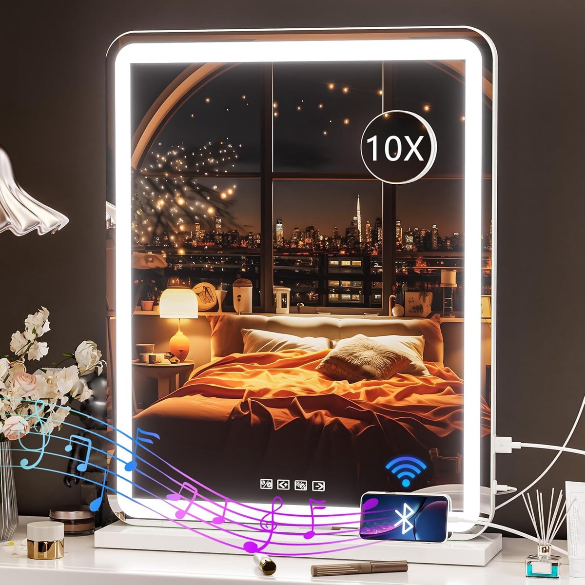 Verlichte Make-up Spiegel met Bluetooth Speaker en 10X Vergroting