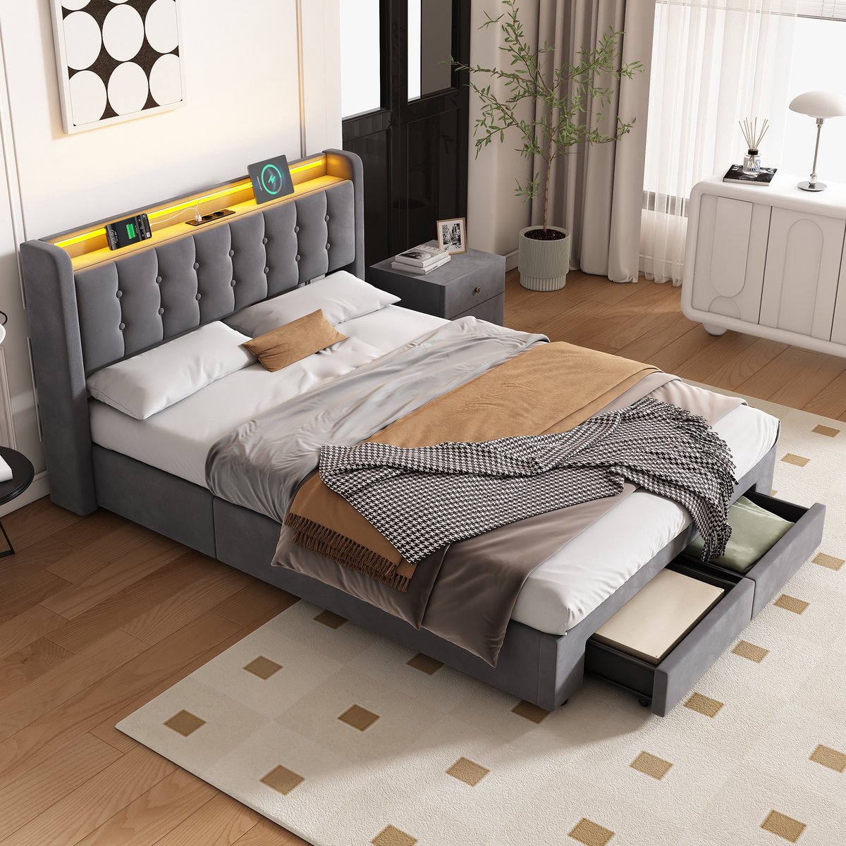 HAUSS SPOLE Gestoffeerd Bed 140x200 cm - Eenpersoonsbed Met LED Verlichting En Opbergruimte - Stoffen Bedframe - Donkergrijs