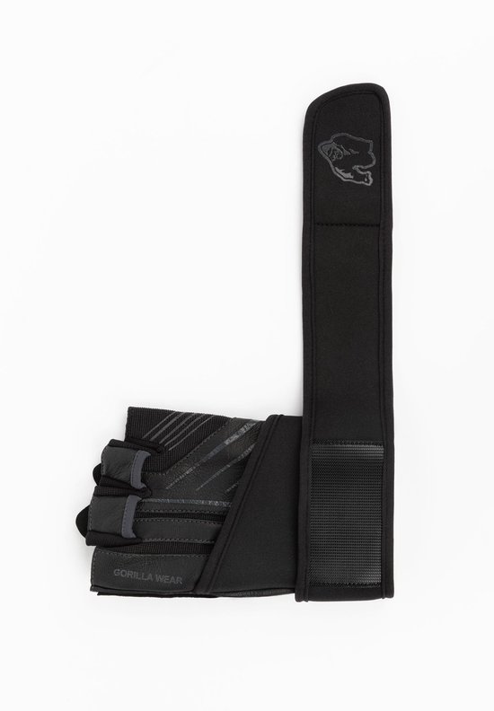 Zwarte fitnesshandschoen met grijze strepen en Gorilla Wear logo.